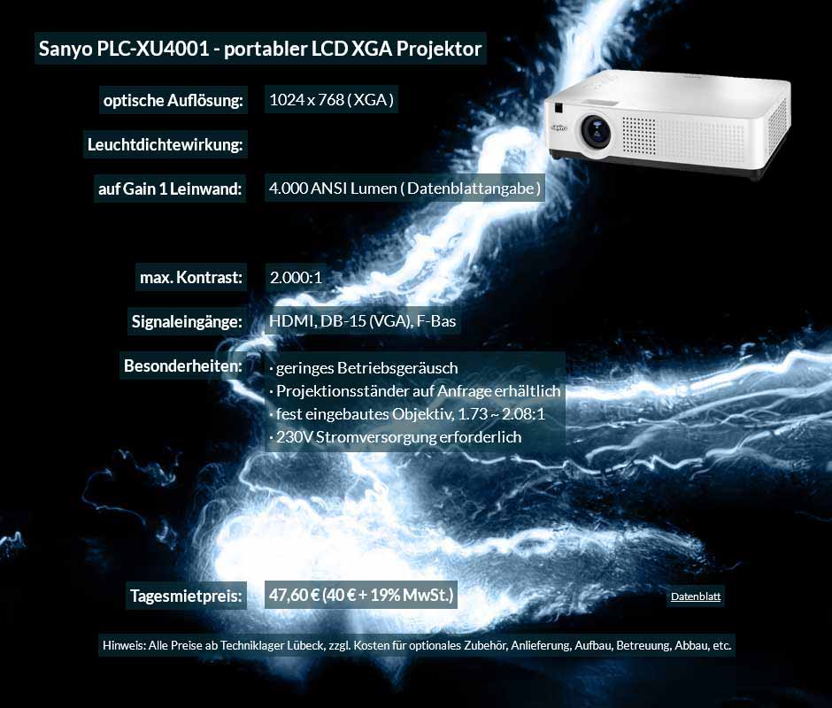 Annonce Präsentationsprojektor LCD Sanyo PLC XU4001 zu einem Mietpreis je Tag von 40 Euro + MwSt.