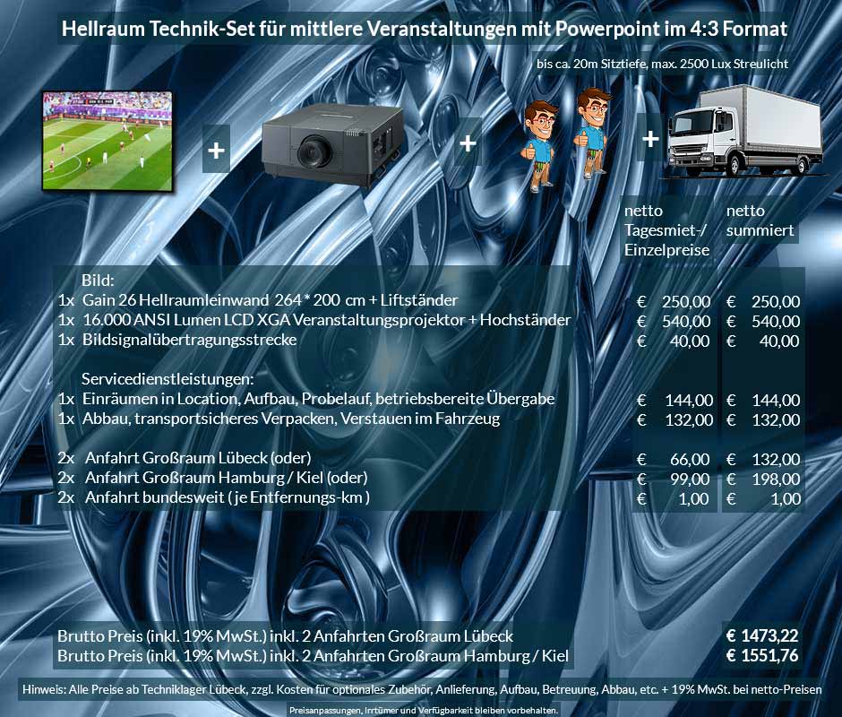 4:3 Veranstaltungstechnik-Mietangebot XGA Projektor 16000 ANSI Lumen + 264x200cm Gain 26 Hellraumleinwand + Anlieferung Aufbau Übergabe Abbau Rücktransport